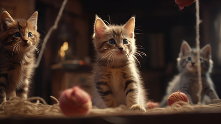 Cute little bengal kittens playing with yarn balls in roomの素材