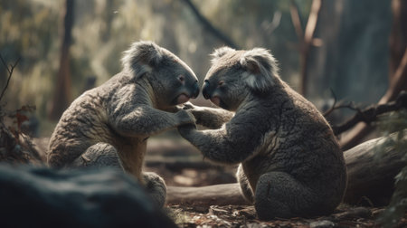 Koala bear and her mother are playing together in the forest.の素材