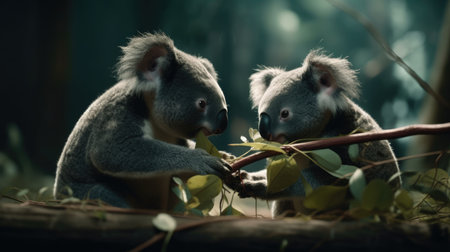 Cute koalas sitting on a branch of eucalyptusの素材