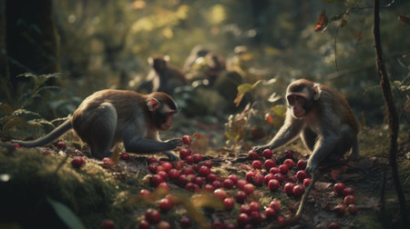Monkey family in the forest, sitting on the ground and eating applesの素材