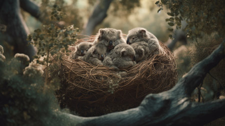 Koala chicks in the nest on nature background. Retro style.の素材