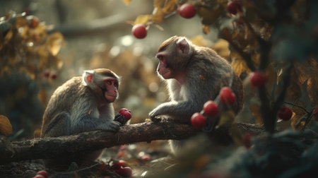 Monkey family sitting on a branch in the forest. Animal portraitの素材