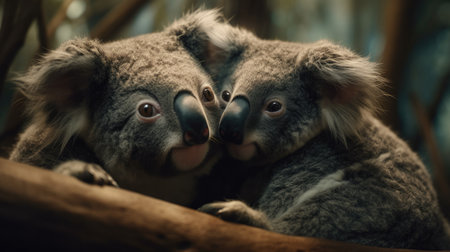 two koala bears on the tree looking at each other in Australiaの素材