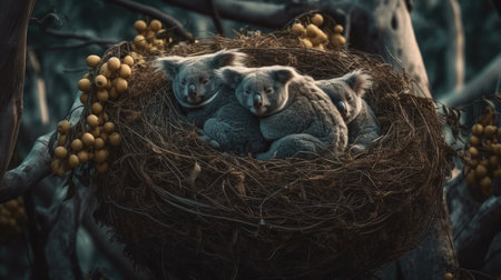 Koala babies in a nest on a tree. Toned.の素材