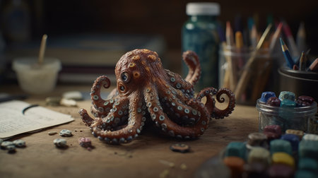 Octopus on a wooden table with a pencils and paints.の素材