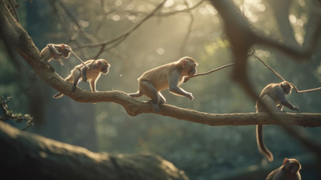 Monkey family sitting on the branch in the forest. Monkeys in nature.の素材