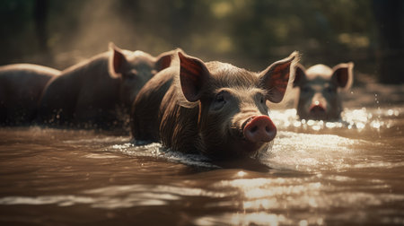Portrait of a pig swimming in a muddy river in the countrysideの素材