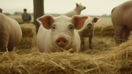 Piglets in a haystack in a farm. Selective focus.の素材