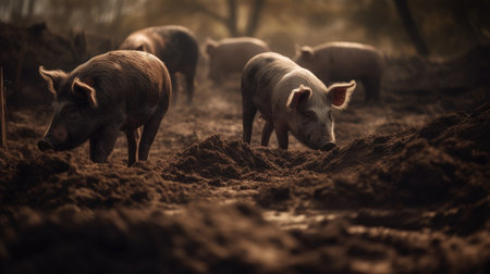 Piglets in the mud on a farm in the countryside.の素材