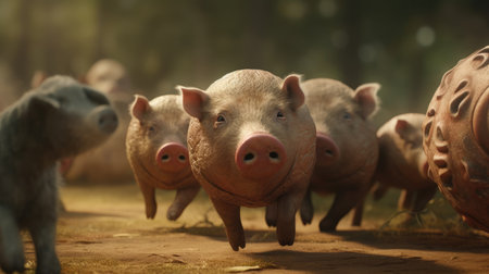 Cute piglets in the farm, vintage color tone style.の素材