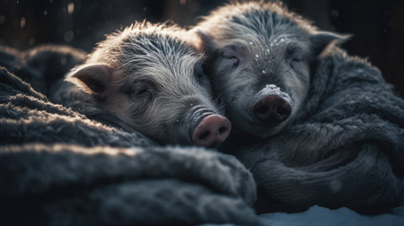 Cute little pigs sleeping under a blanket in the snow in winterの素材