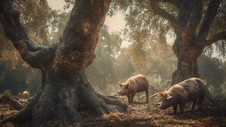 Piglets in the shade of an olive tree. Vintage style.の素材