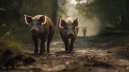 Two wild boars in the forest. Wild boar in the nature.の素材
