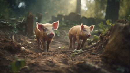 Two pigs in the forest. The concept of agriculture and breeding of pigs.の素材