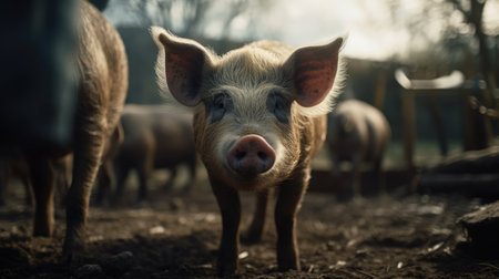 Portrait of a cute pig on a farm. Selective focus.の素材