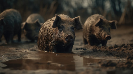 Wild boar (Sus scrofa) in a mud puddleの素材