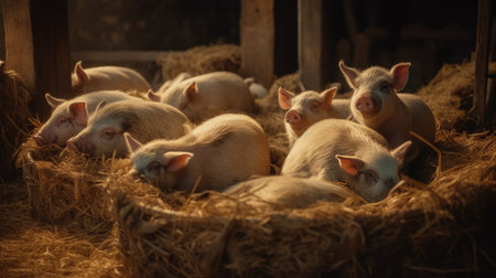 Group of little pigs in the barn with hay. Agriculture and farming conceptの素材
