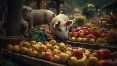 Pig in the farm with apples and other fruits in the backgroundの素材