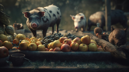 Vintage still life with pig, apples, grapes, pears and pigletの素材