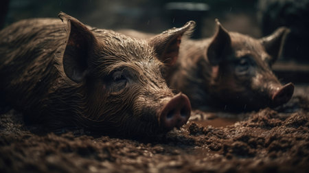 Three wild boars in the mud. Wild piglet in the farm.の素材