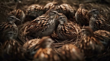 Little quail chicks in the nest. Vintage style. Toned.の素材
