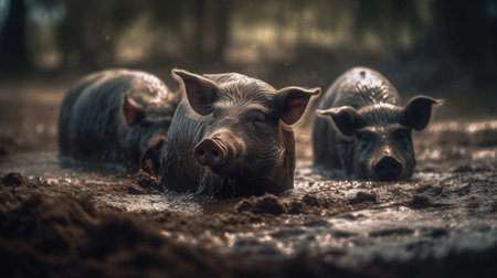 Cute piglets in the mud on a farm. Selective focus.の素材