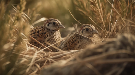 A pair of quail in the nest in the morning sun.の素材