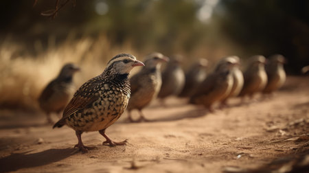 A flock of white-crested pheasant standing on the groundの素材