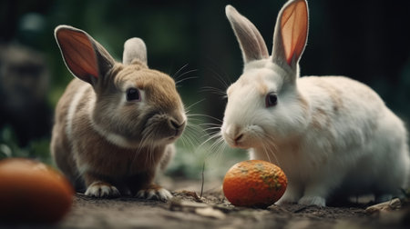 Rabbits and easter eggs in the garden. Easter concept.の素材