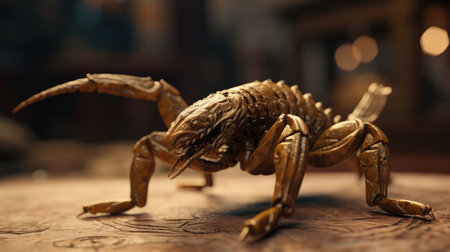 Scorpion figurine on a wooden table in a dark roomの素材