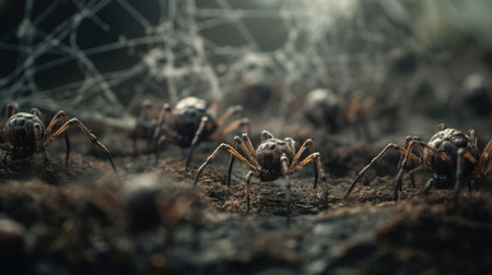 Macro of spider on the ground with spider web in the backgroundの素材
