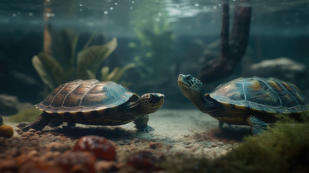 Two turtles swimming in the aquarium. Turtles in the aquarium.の素材