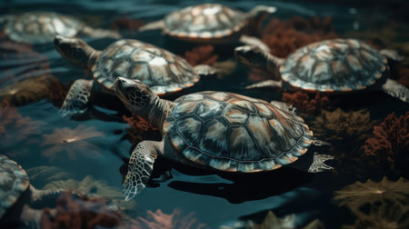 Turtles swimming in the sea. 3d rendering. Toned.の素材