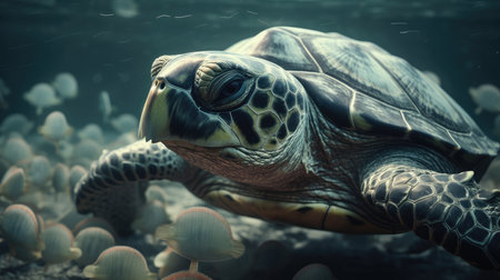 Turtle in the ocean. 3d render on dark background.の素材