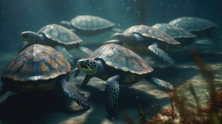Sea turtles swimming in the water. Underwater photo of sea animals.の素材