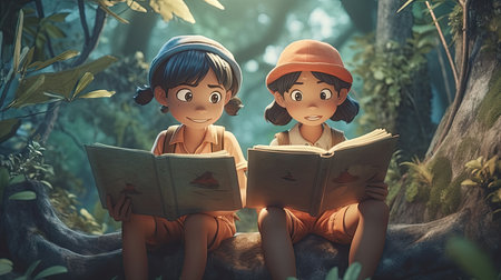 Illustration of a child reading in the outdor, 3d realistic and cartoonの素材