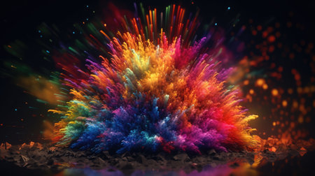 3d illustration of explosion of multicolored particles on black backgroundの素材