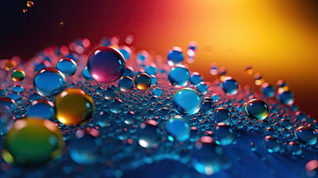 Macro shot of colorful water drops on glass surface. Abstract background.の素材