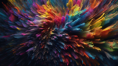 abstract background of multicolored paint splashes on a black backgroundの素材