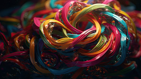 abstract multicolored twisted strips of rubber bands on a dark backgroundの素材