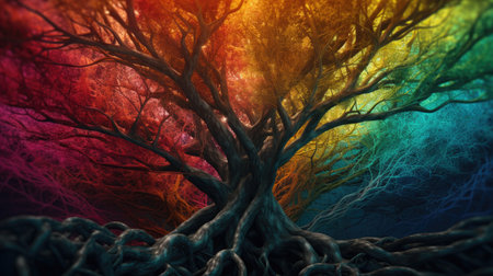 3d illustration of abstract background with tree roots and rainbow colored lightsの素材