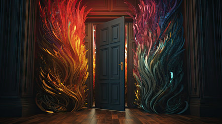 Door with fire and smoke, 3d rendering. Computer digital drawing.の素材