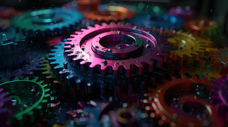 Colorful gear wheels on dark background. 3D rendering illustration.の素材