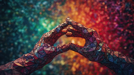 Hands forming a heart shape on colorful background. 3D renderingの素材