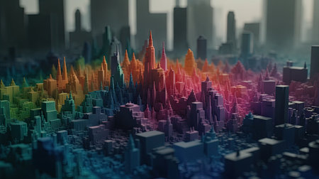 3D rendering of cityscape with skyscrapers and rainbow colorsの素材