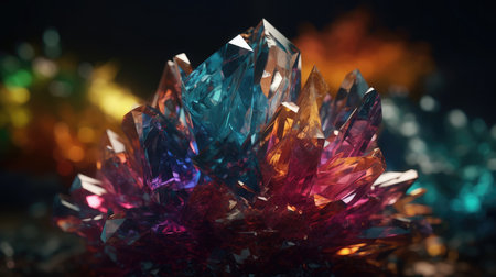 Close up of colorful crystals on a black background. Macro shot.の素材