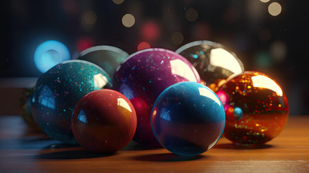 Colorful christmas baubles on the wooden table with bokeh backgroundの素材