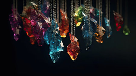 Colorful crystal chandelier hanging on black background, close upの素材