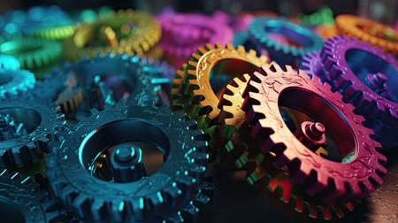 Colorful gear wheels on a dark background. 3d illustration.の素材