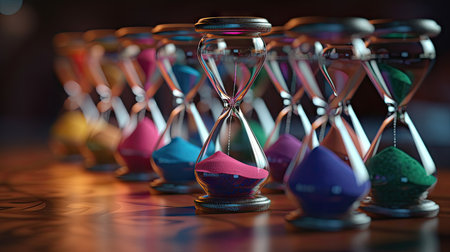 Hourglass in a row. 3D illustration. Selective focus.の素材